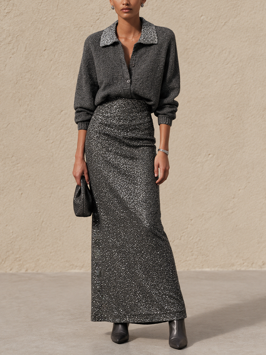 Women's Sequin Panel Elegant Collared Sweater And Maxi Skirt Set MDZ0887I9GMJ