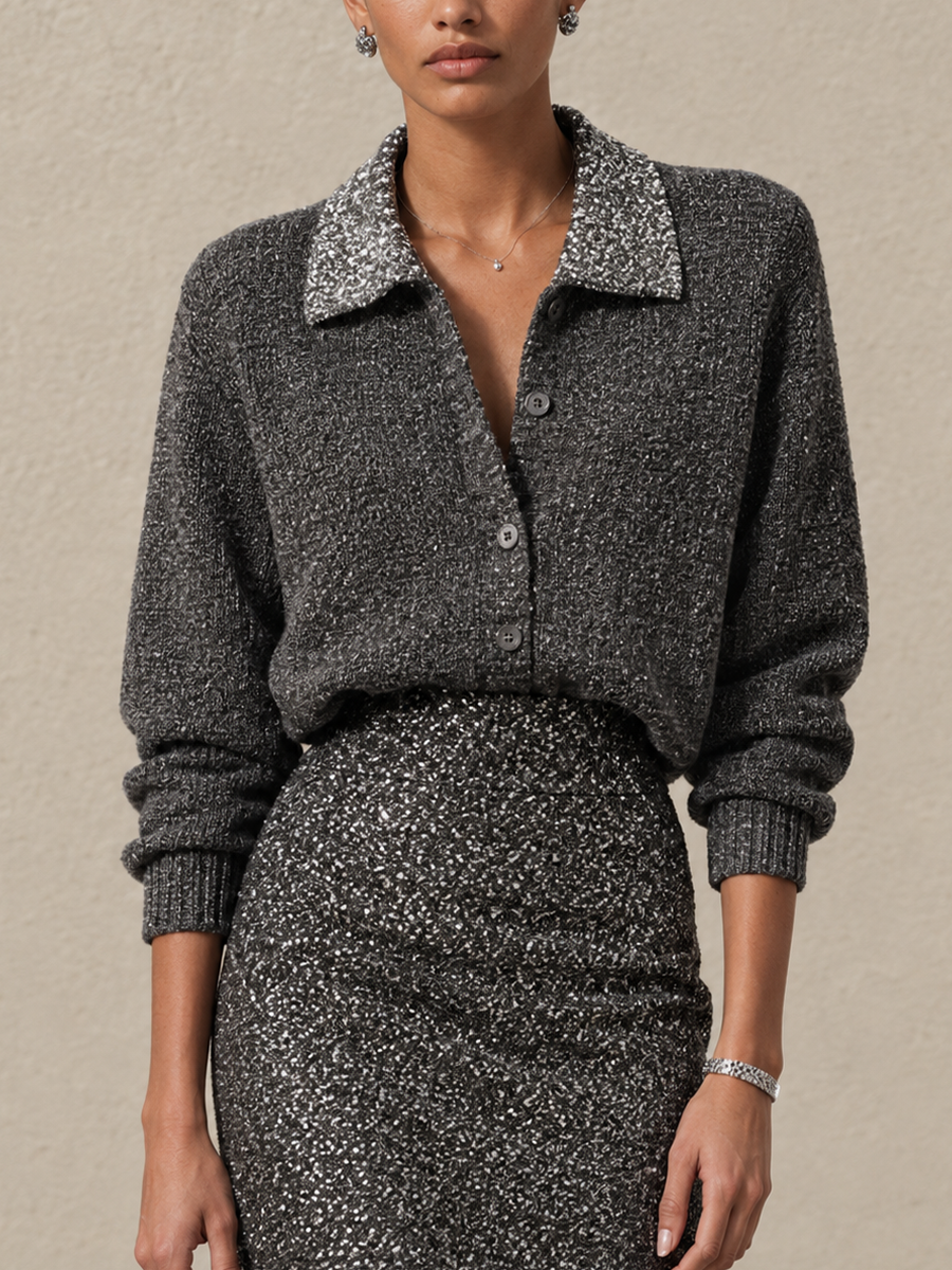 Women's Sequin Panel Elegant Collared Sweater And Maxi Skirt Set MDZ0887I9GMJ