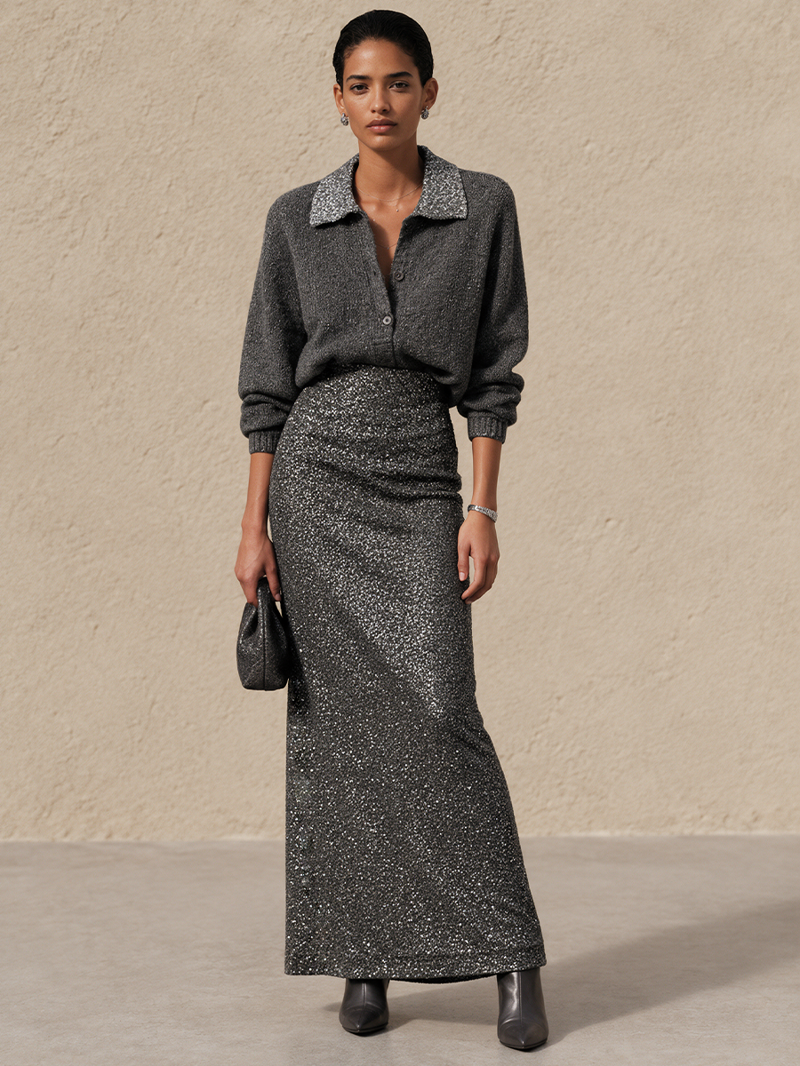 Women's Sequin Panel Elegant Collared Sweater And Maxi Skirt Set MDZ0887I9GMJ