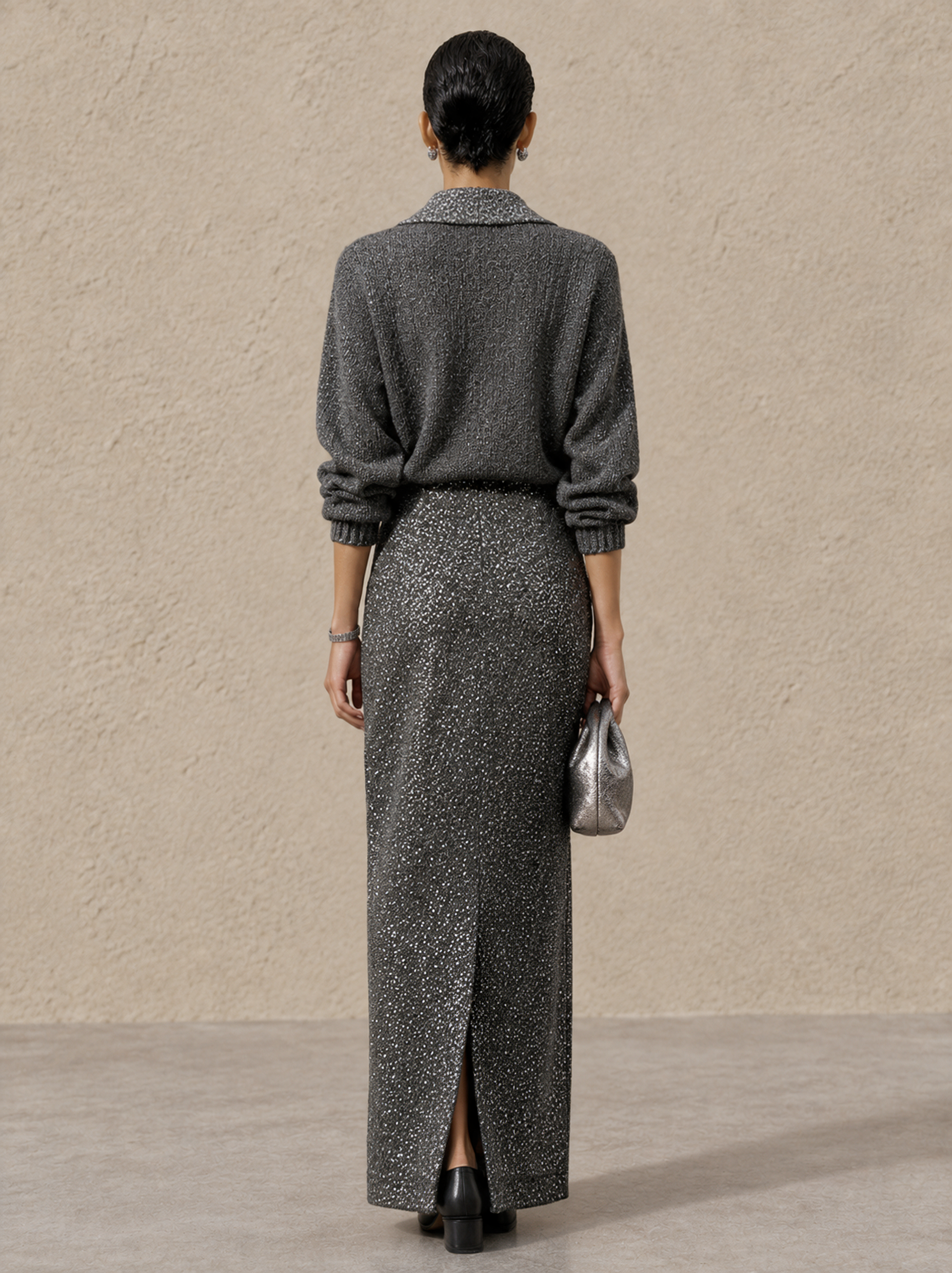 Women's Sequin Panel Elegant Collared Sweater And Maxi Skirt Set MDZ0887I9GMJ