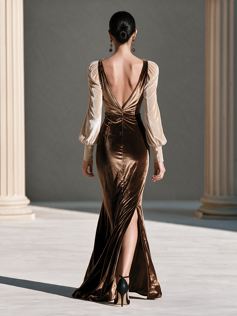 Women's V-Neck Contrast Puff-Sleeve Ruched Slit Velvet Maxi Dress