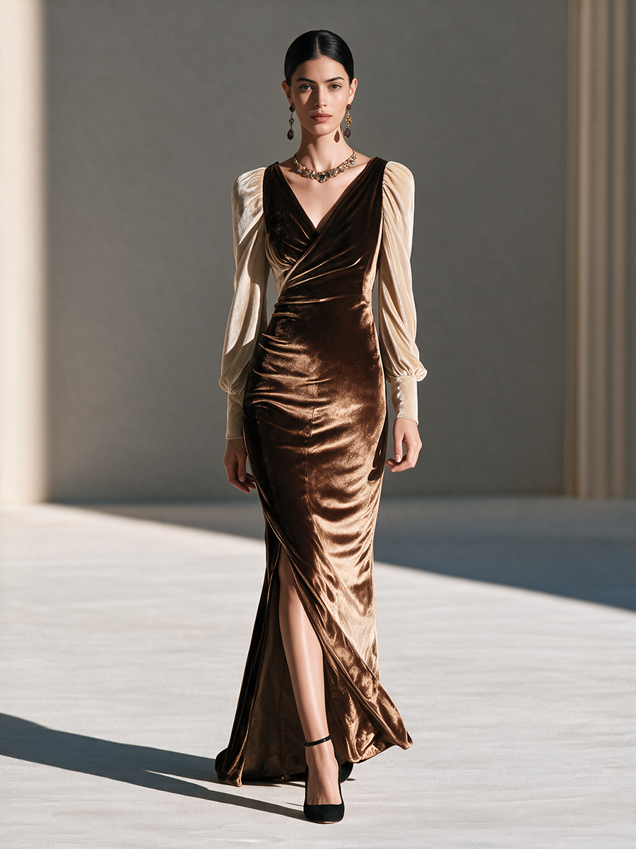Women's V-Neck Contrast Puff-Sleeve Ruched Slit Velvet Maxi Dress