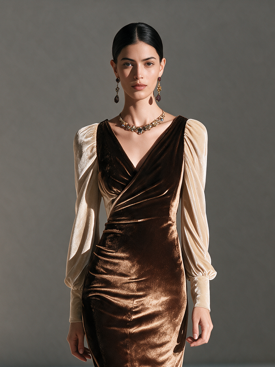 Women's V-Neck Contrast Puff-Sleeve Ruched Slit Velvet Maxi Dress