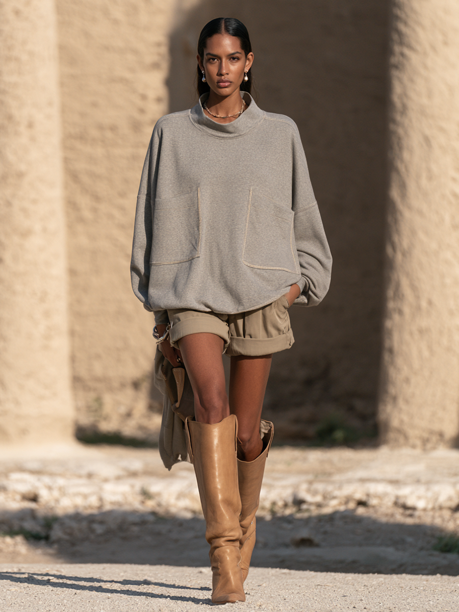 Women's Contrast Stitch Casual High Neck Sweatshirt And Shorts Set MDZ0812I6GMJ
