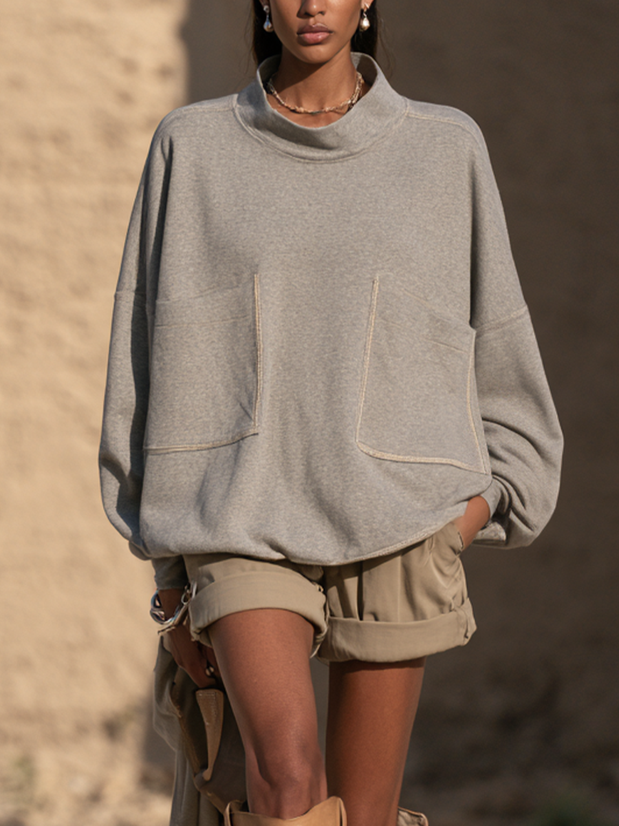 Women's Contrast Stitch Casual High Neck Sweatshirt And Shorts Set MDZ0812I6GMJ