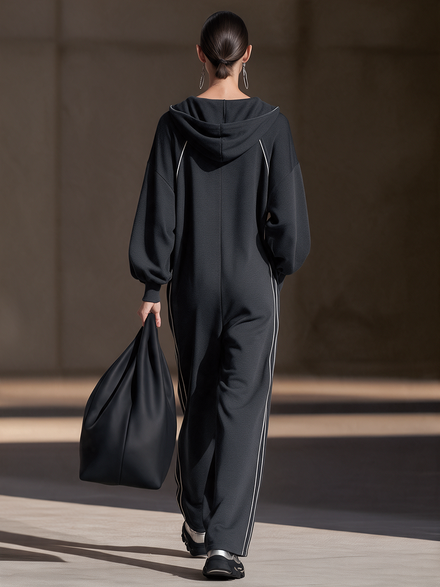 Women's Dark-Grey Hooded Zip-Front Contrast-Piping Drop-Shoulder Wide-Leg Jumpsuit