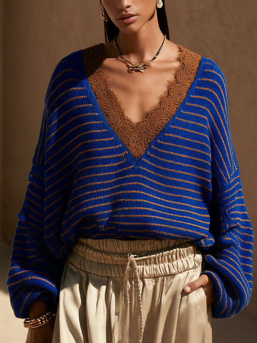 Women's Striped Lace Panel Casual V-Neck Sweater MDZ0821I5GMJ