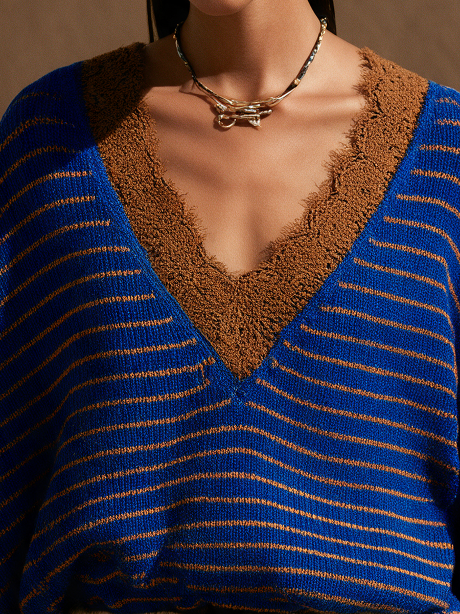 Women's Striped Lace Panel Casual V-Neck Sweater MDZ0821I5GMJ