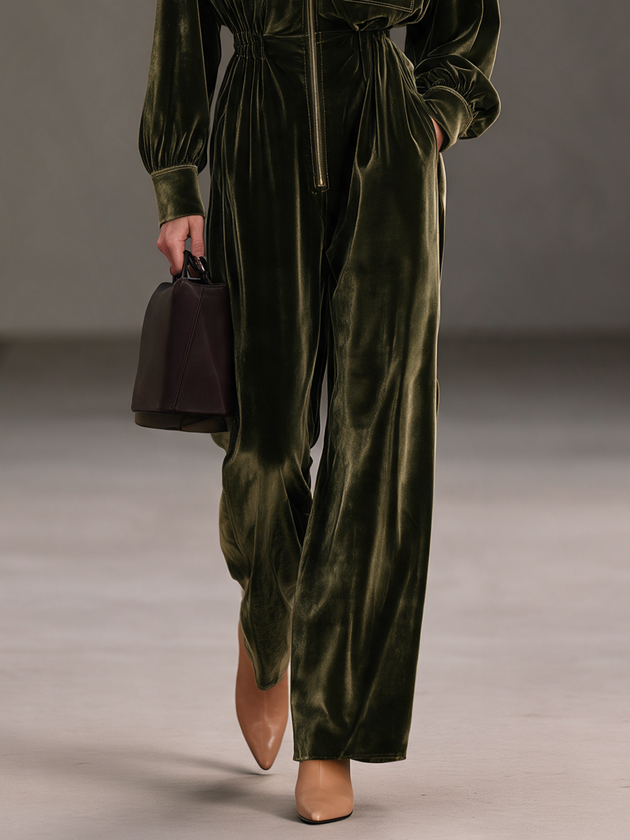 Women's Olive-Green Velvet Collared Zip-Front Long-Sleeve Wide-Leg Jumpsuit