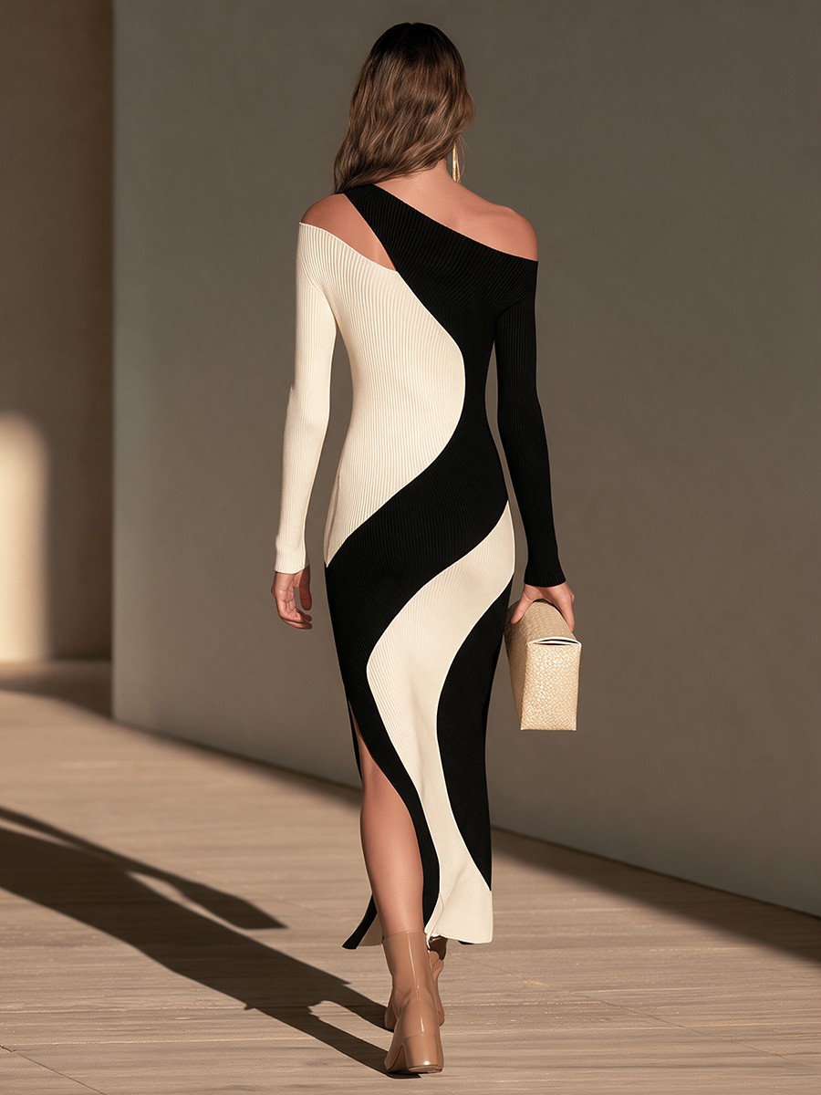 white and black knit dress Women's & Colorblock Off-Shoulder Ribbed Maxi – Modesees Swatch:#fcb6c2