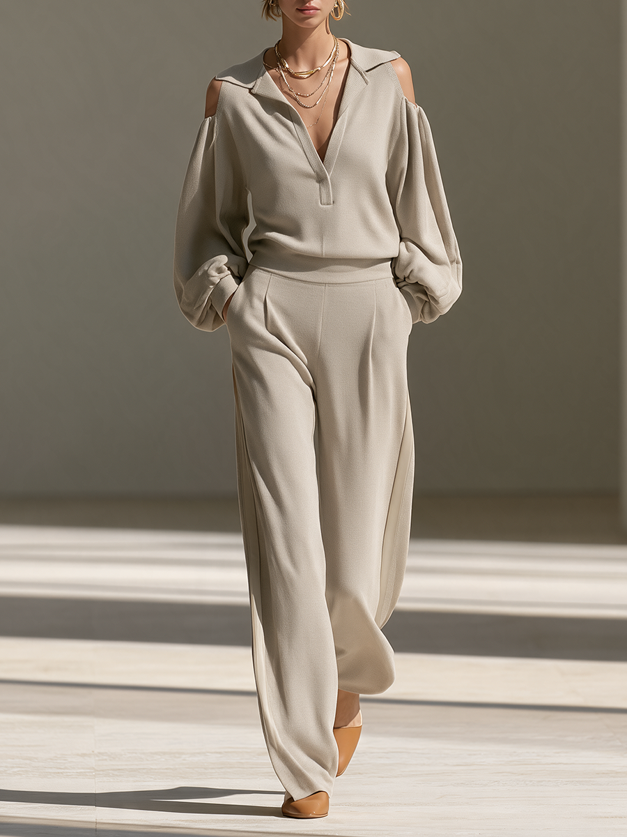 Women's Collared Cold-Shoulder Balloon-Sleeve Top And Wide-Leg Pants Set MDZ0403I7CMX