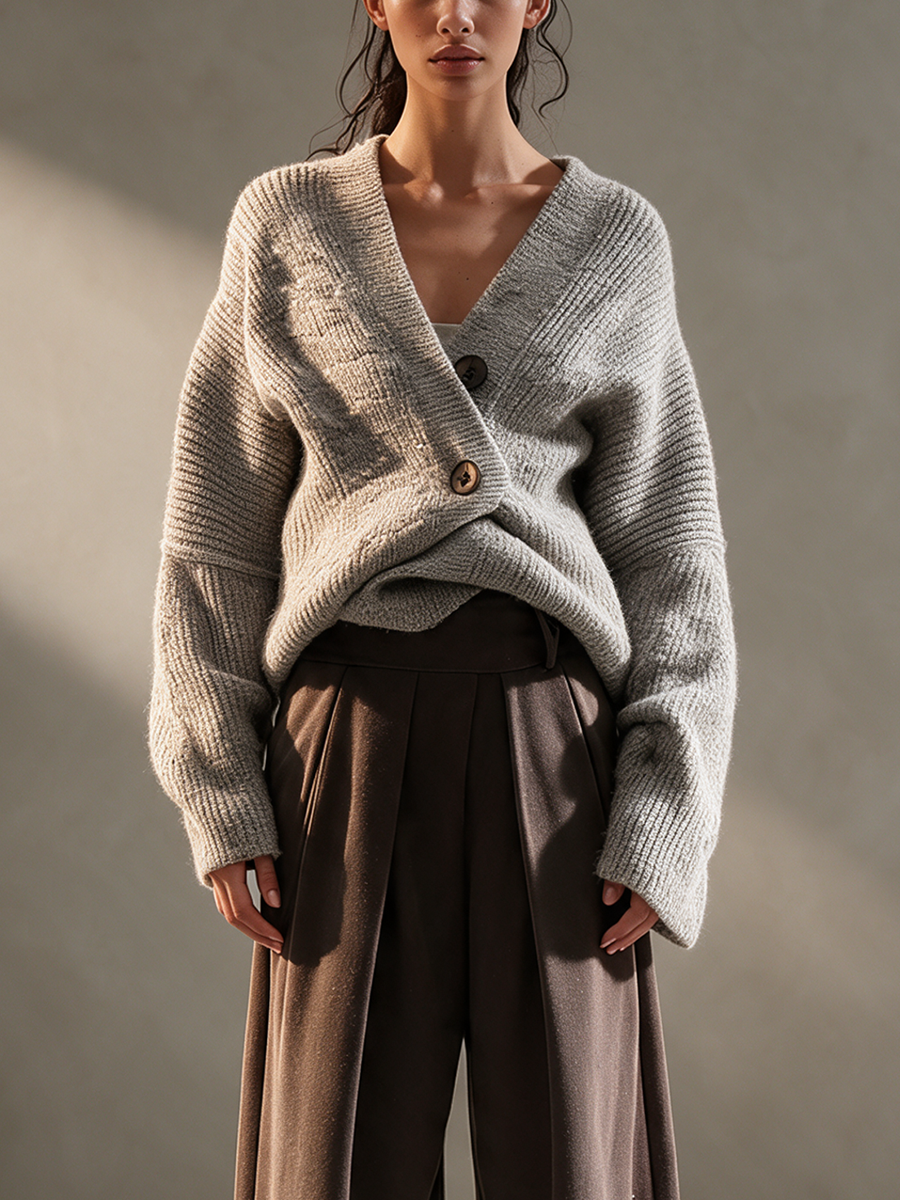 Women's Heather Gray V-Neck Crossed Wrap Side Button Oversized Knit Sweater