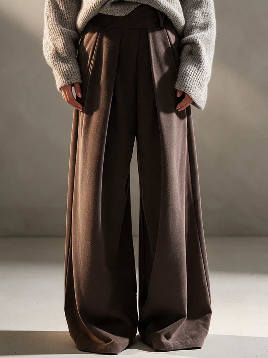 Women's Dark Brown High Waist Pleated Draped Wide Leg Trousers