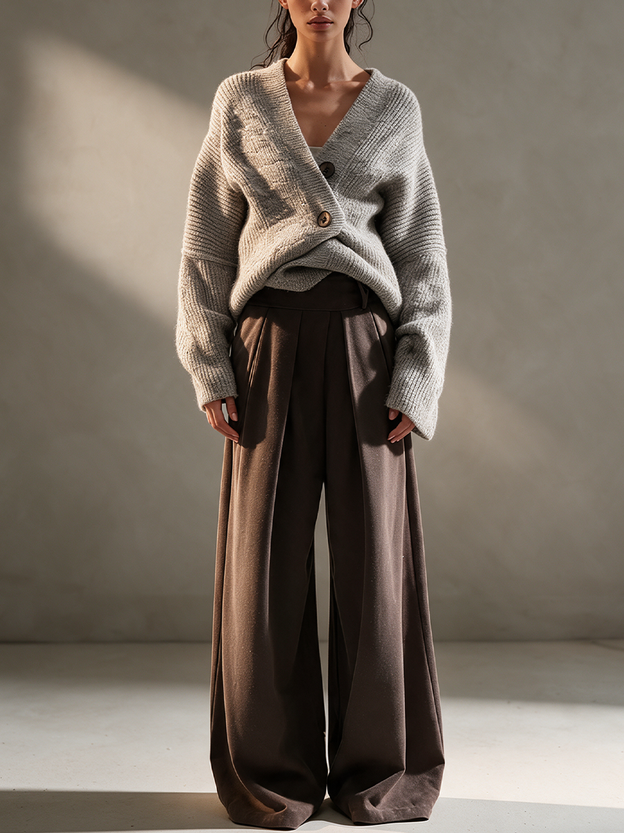 Women's Dark Brown High Waist Pleated Draped Wide Leg Trousers