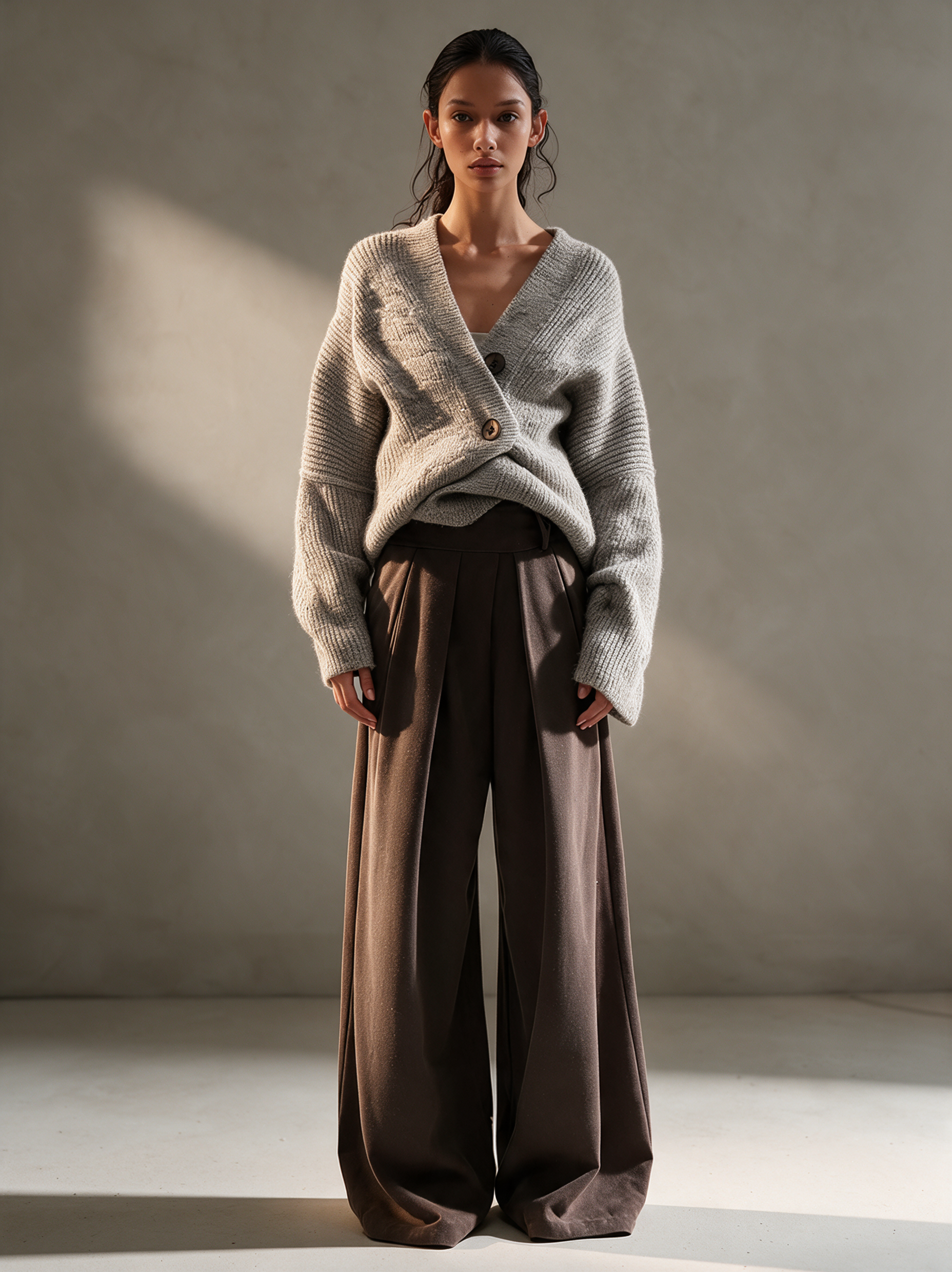 Women's Dark Brown High Waist Pleated Draped Wide Leg Trousers