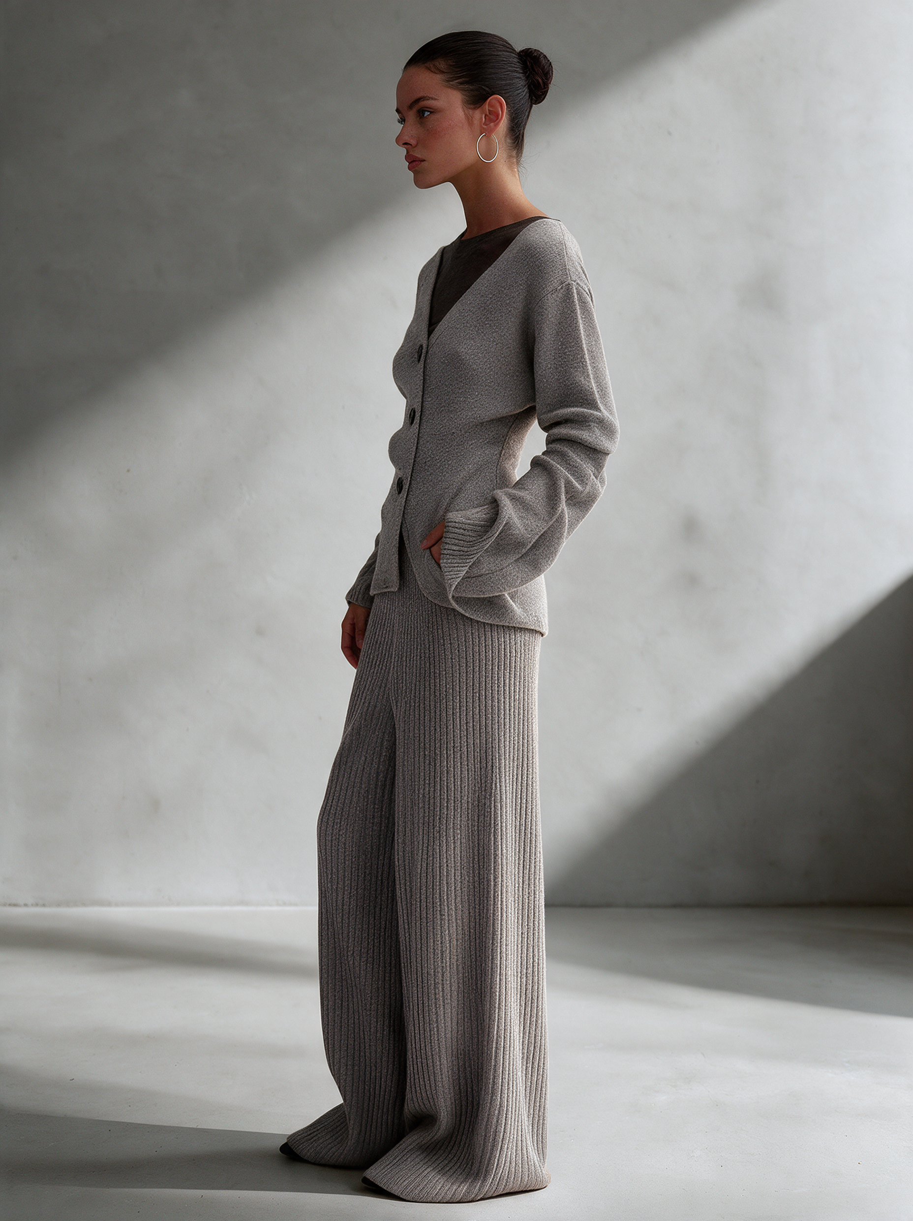 Women's V-neck Diagonal Button Knit Top & Vertical Rib Wide Leg Knit Pants Set