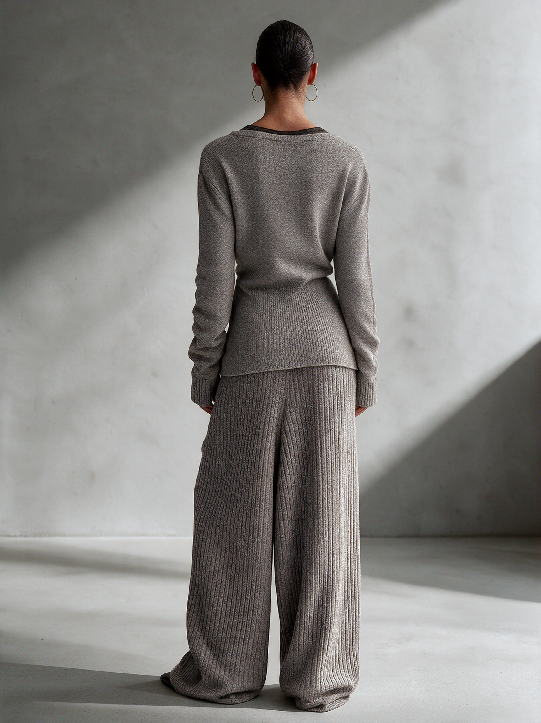Women's V-neck Diagonal Button Knit Top & Vertical Rib Wide Leg Knit Pants Set