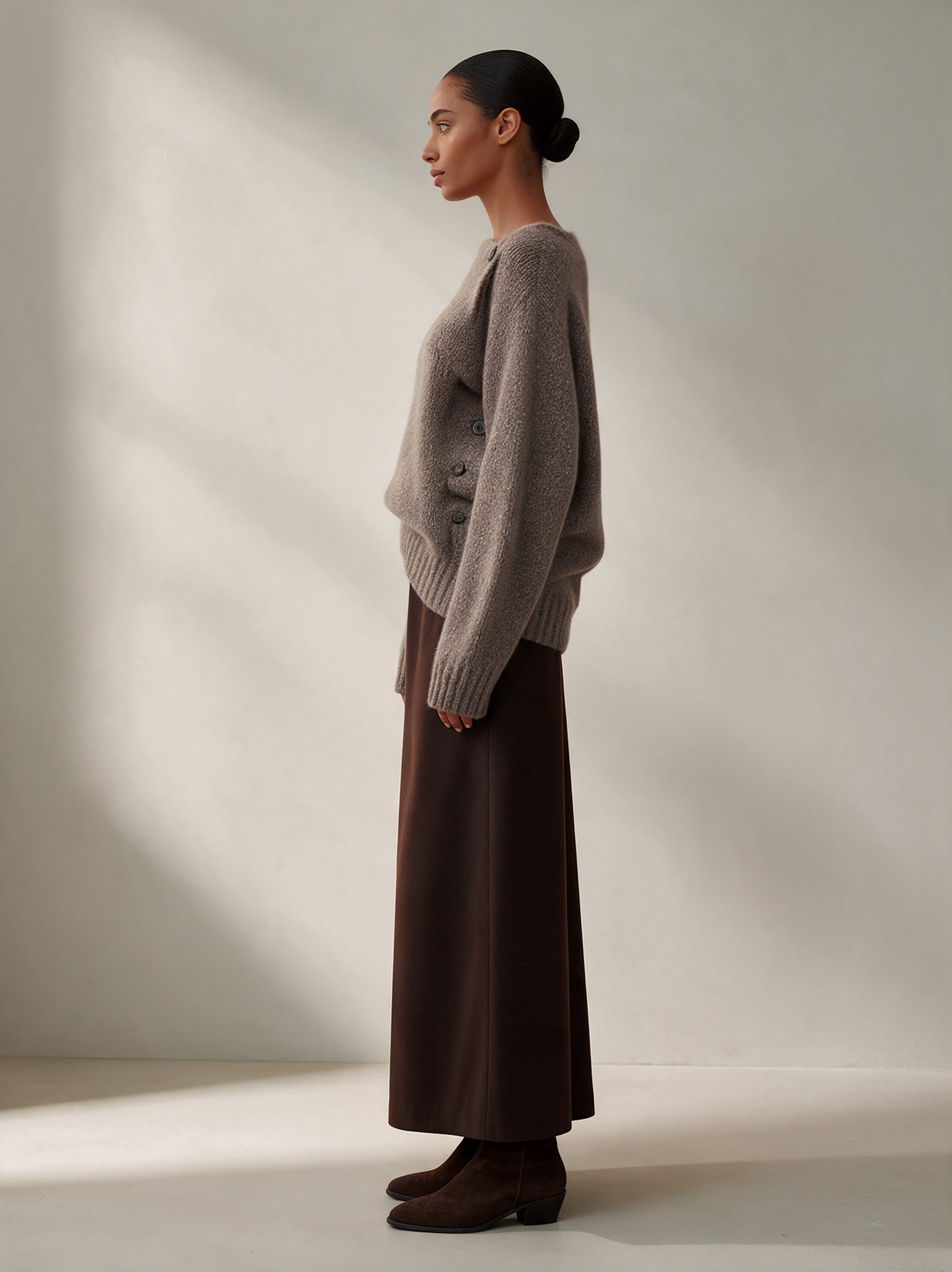 Women's Asymmetric Off-Shoulder Side Button Oversized Knit Sweater & Dark Brown Maxi Skirt Set