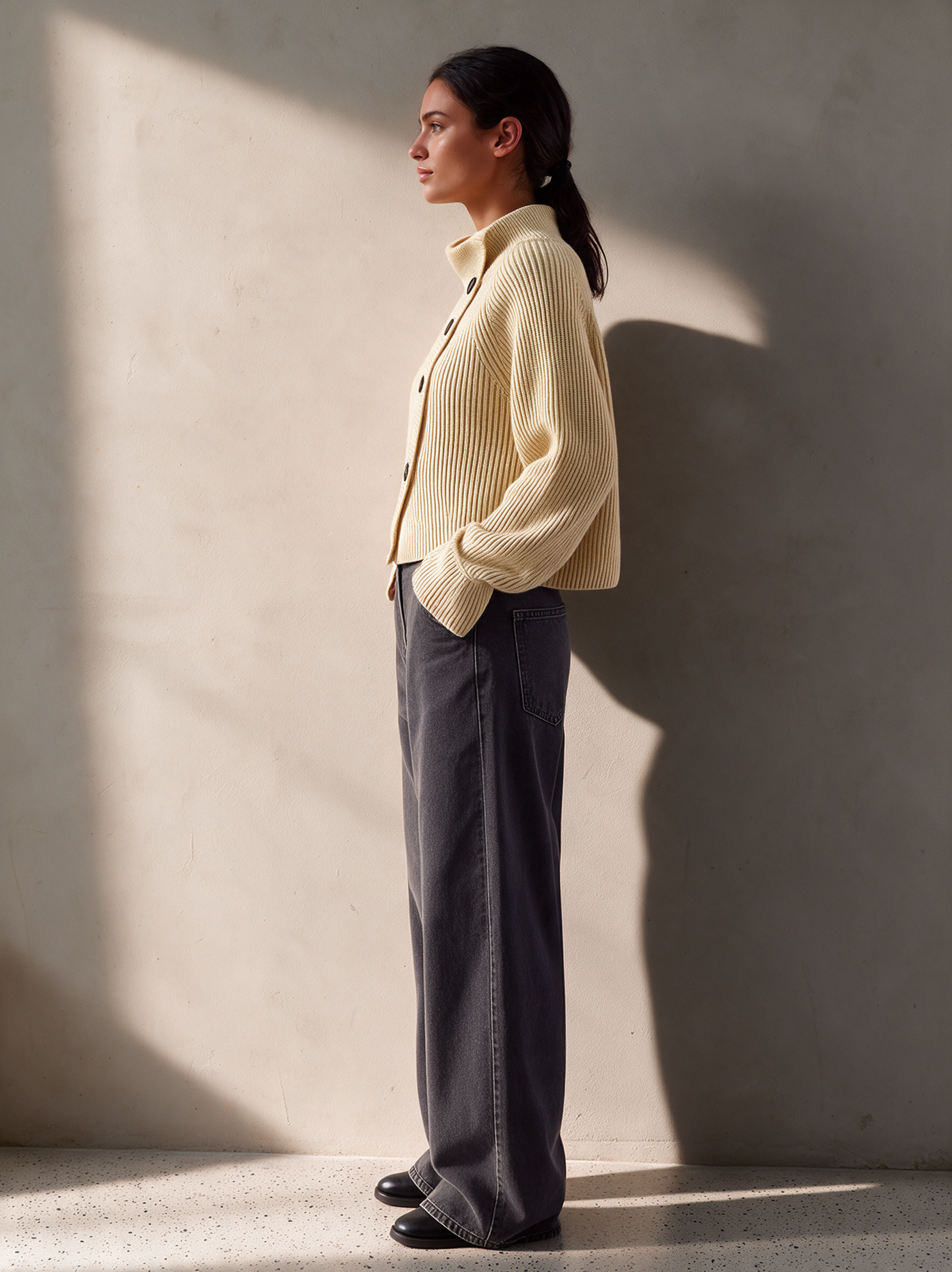 Women's Off-White Diagonal Button Turtleneck Cropped Knit Cardigan