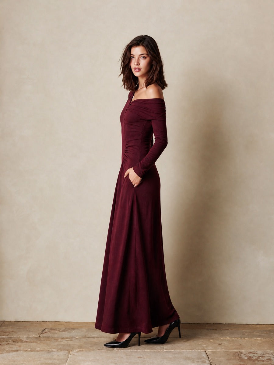Women‘s Asymmetric One Shoulder Ruched Long Sleeve Maxi Dress
