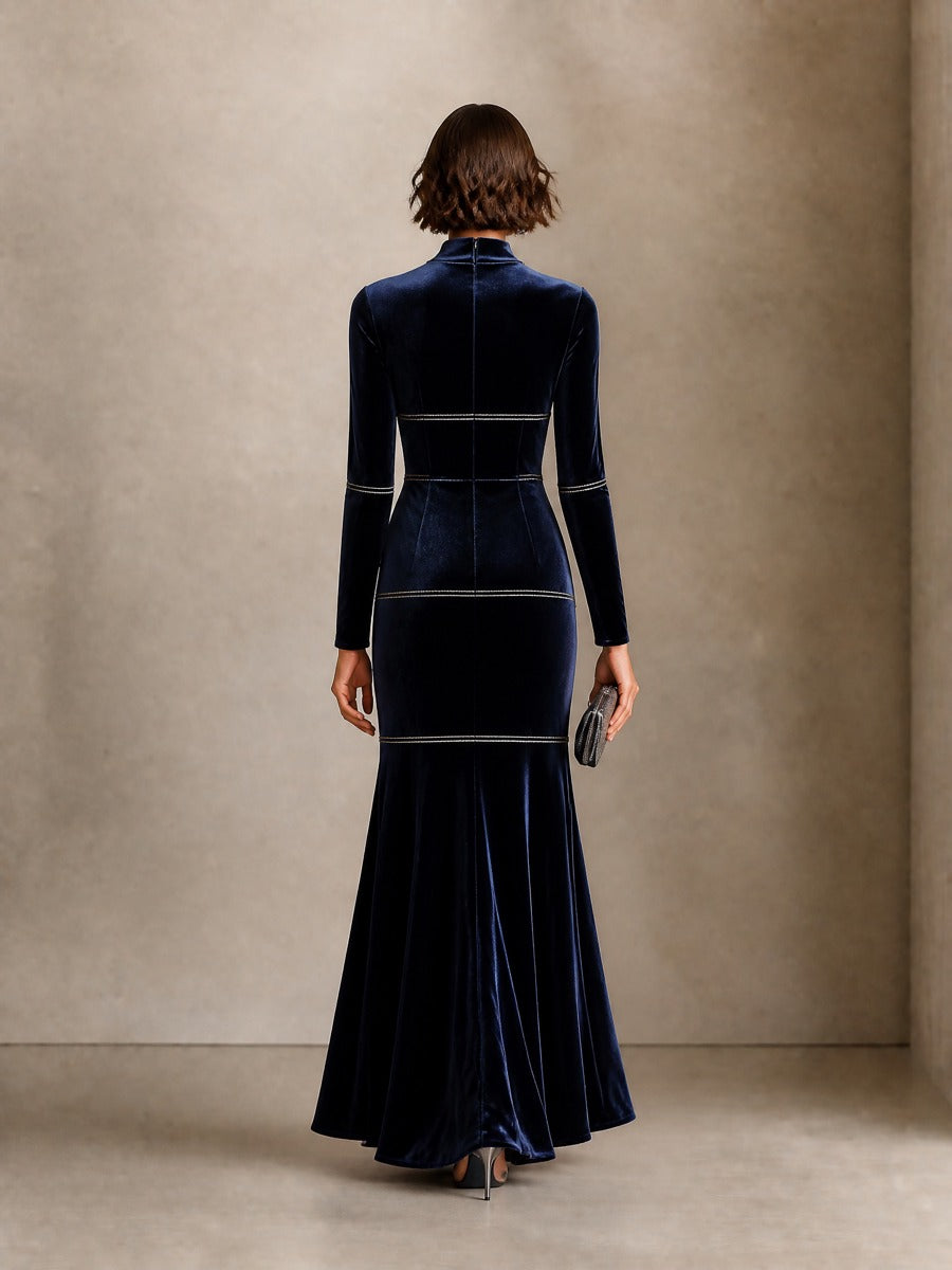 Women's Elegant Velvet Mock Neck Long Sleeve Maxi Evening Dress