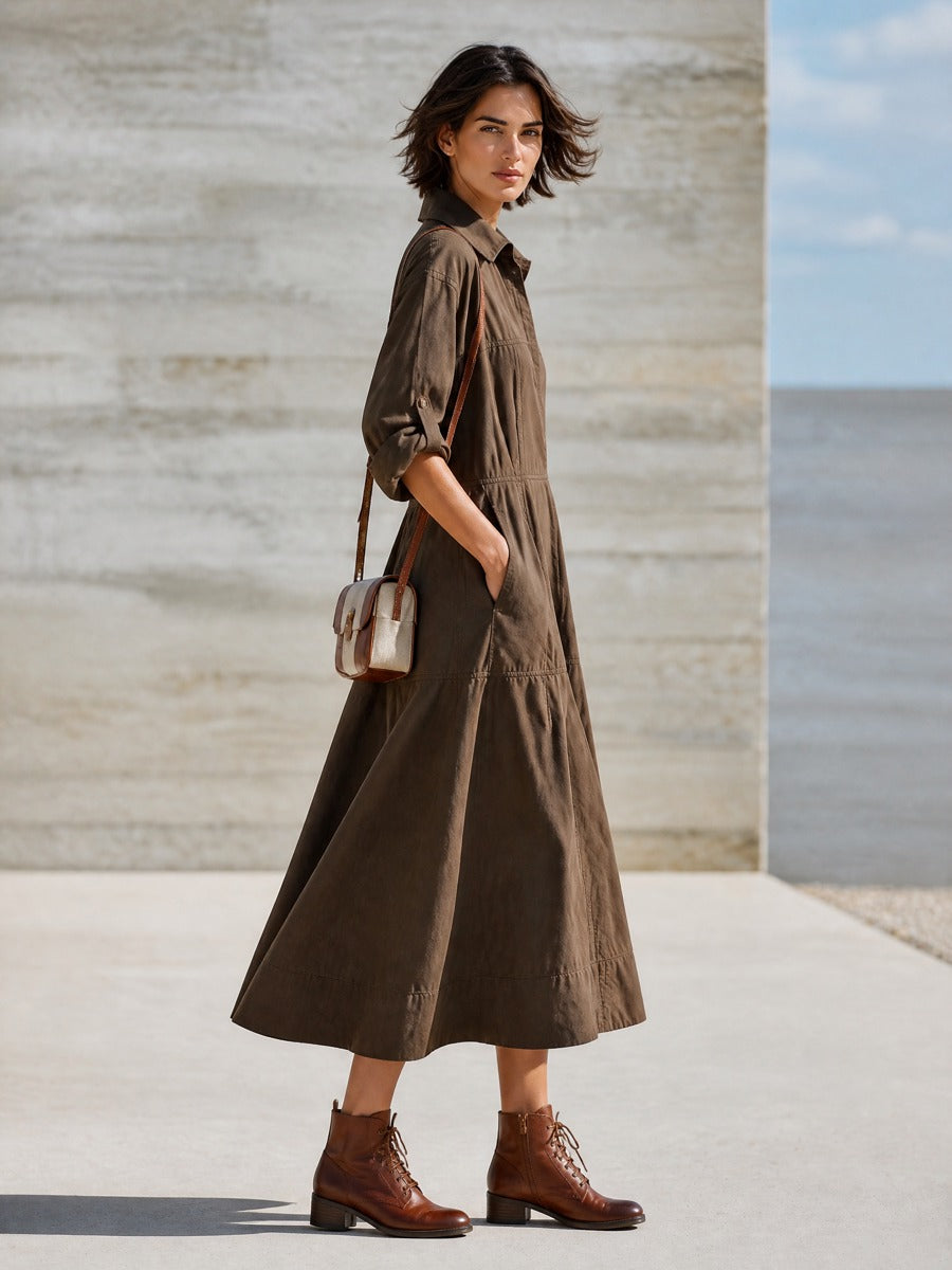 Women's Collared V-Neck Long Sleeve Tiered Cotton Midi Shirt Dress