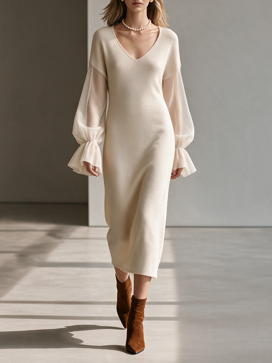 Women's V-Neck Mesh-Panel Balloon-Sleeve Straight Wool-Knit Midi Dress