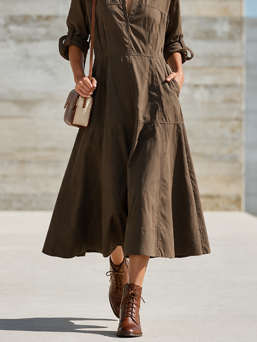 Women's Collared V-Neck Long Sleeve Tiered Cotton Midi Shirt Dress