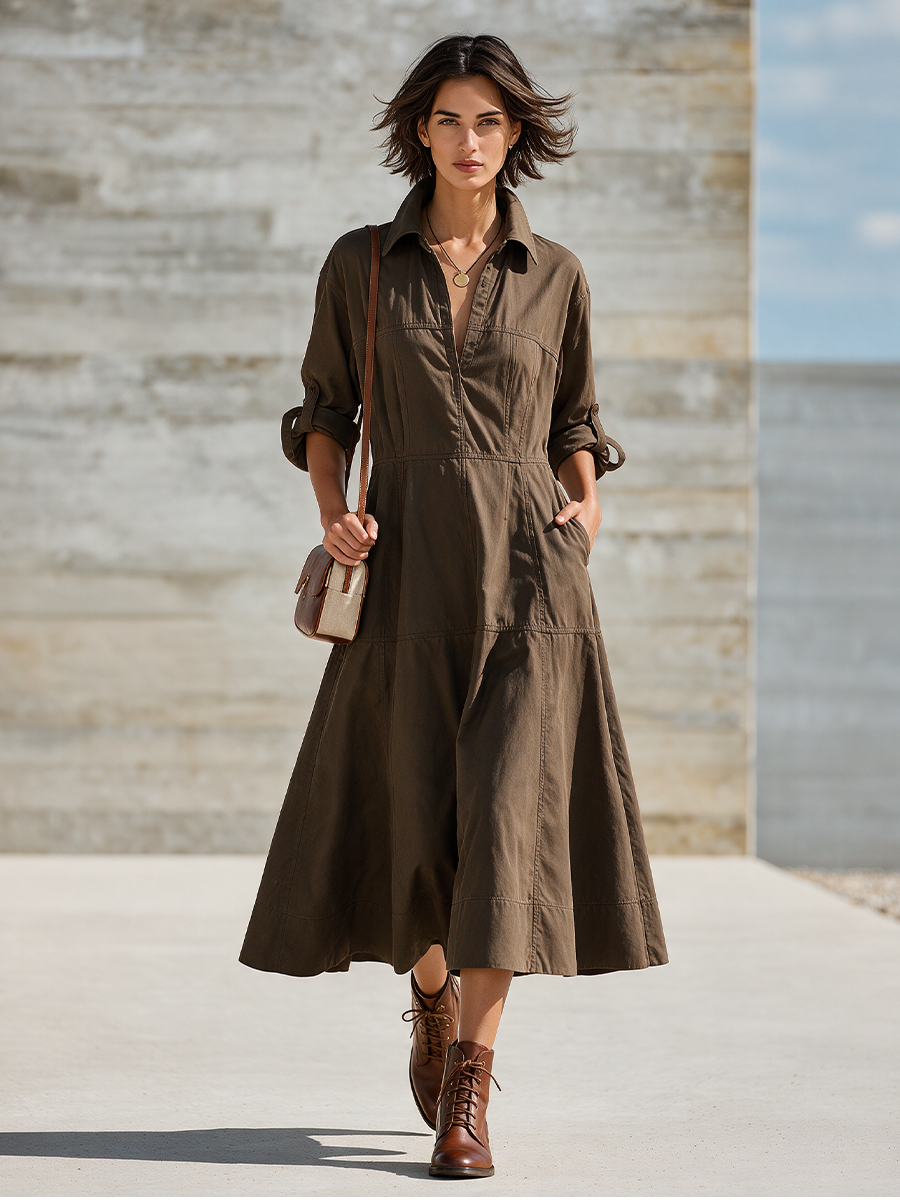Women's Collared V-Neck Long Sleeve Tiered Cotton Midi Shirt Dress