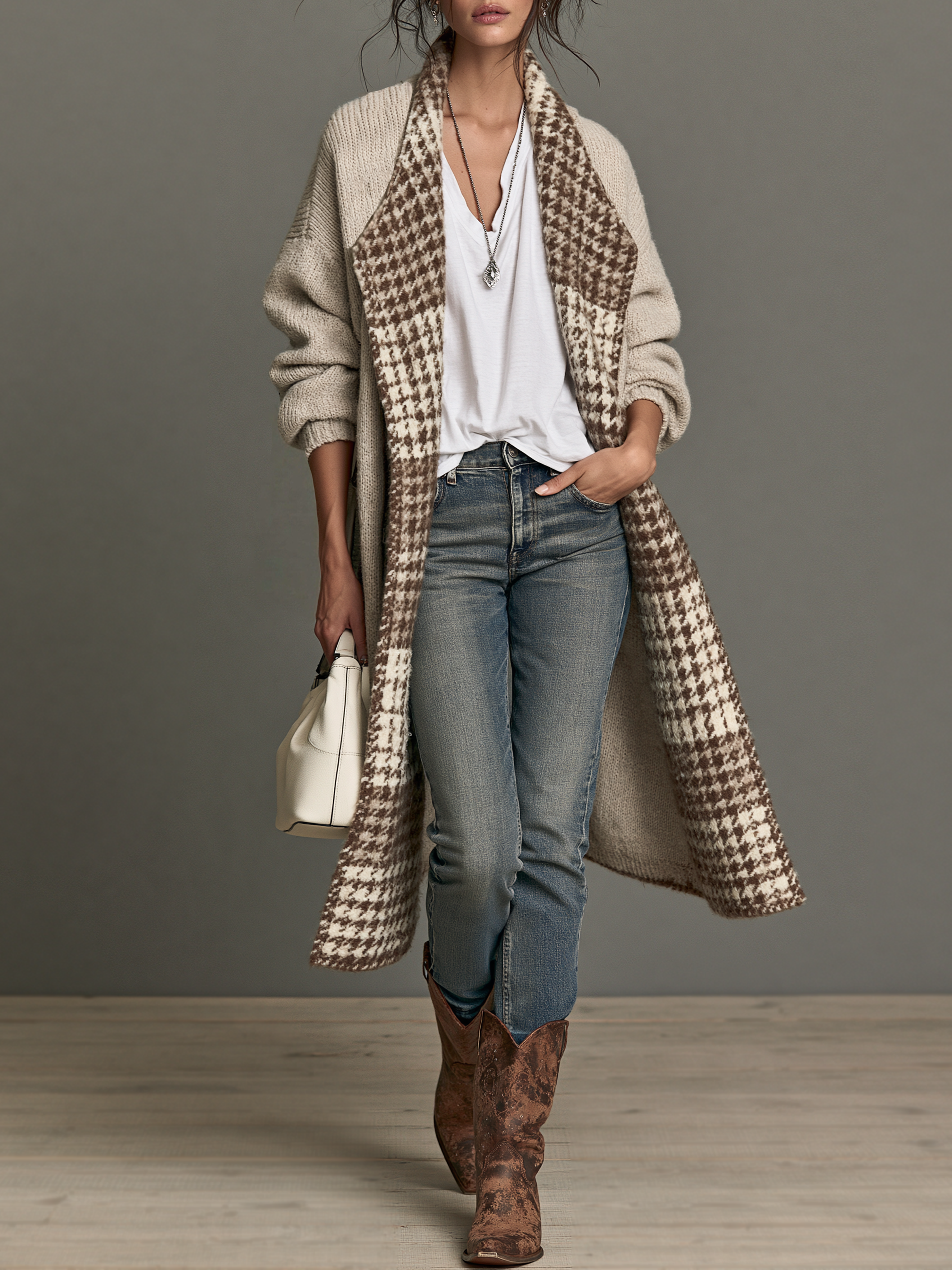 Women's Vintage Houndstooth Lapel Cardigan