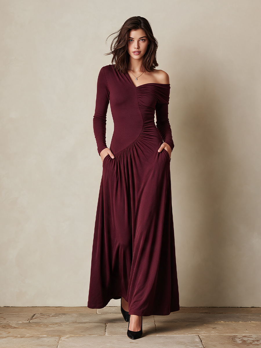 Women‘s Asymmetric One Shoulder Ruched Long Sleeve Maxi Dress