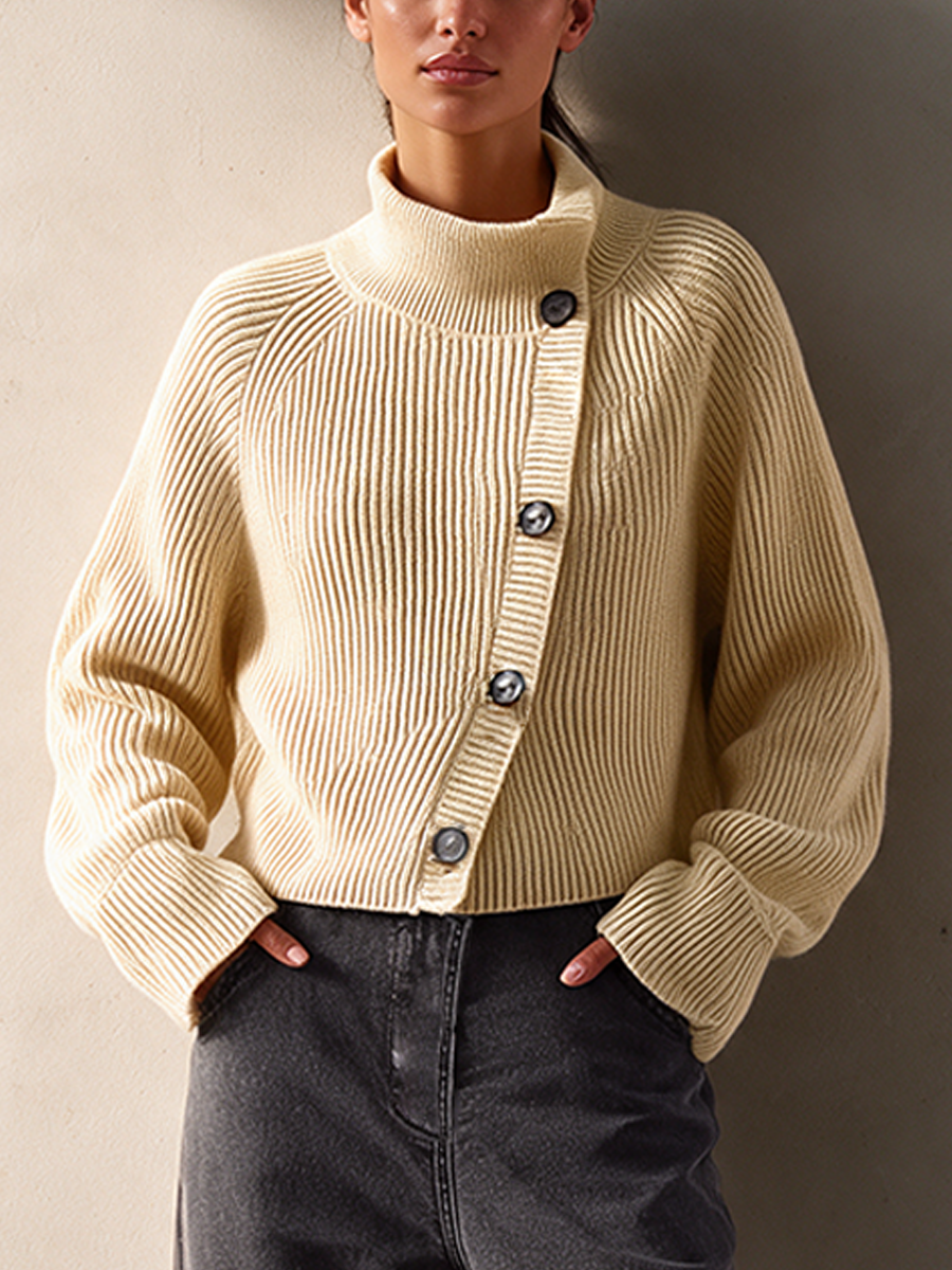 Women's Off-White Diagonal Button Turtleneck Cropped Knit Cardigan