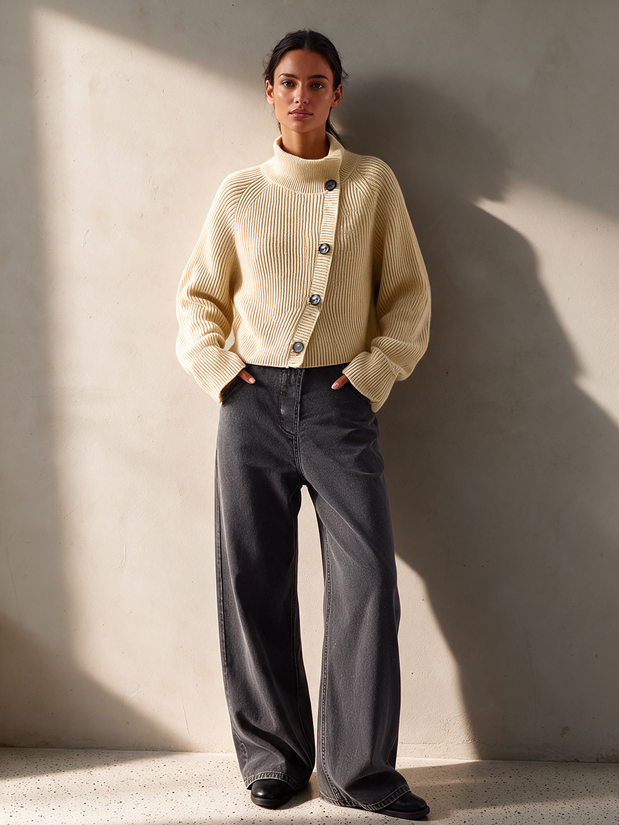 Women's Off-White Diagonal Button Turtleneck Cropped Knit Cardigan