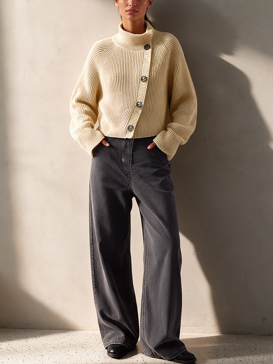 Women's Off-White Diagonal Button Turtleneck Cropped Knit Cardigan