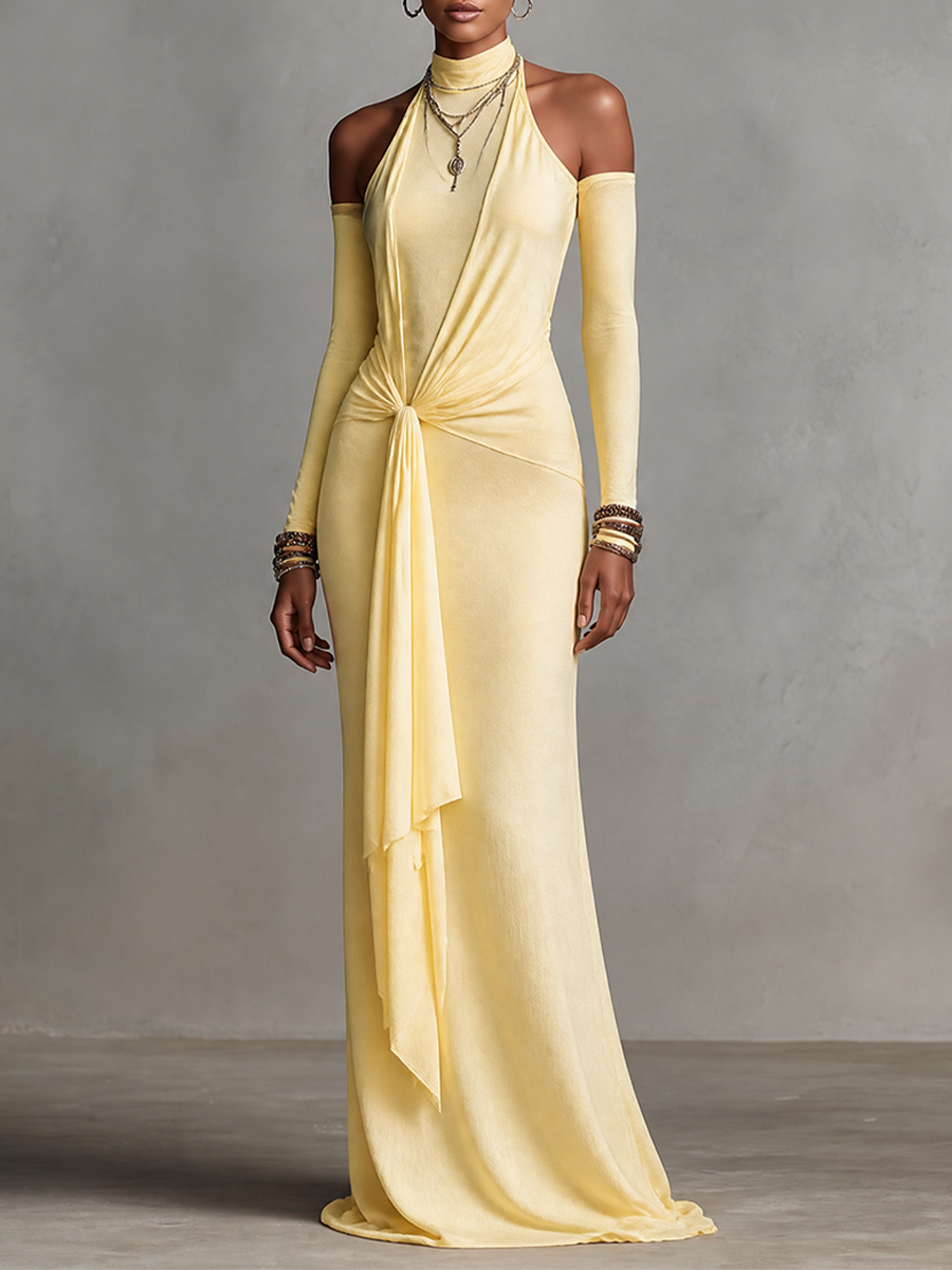 Women's Off-Shoulder Halter Neck Draped Maxi Evening Gown