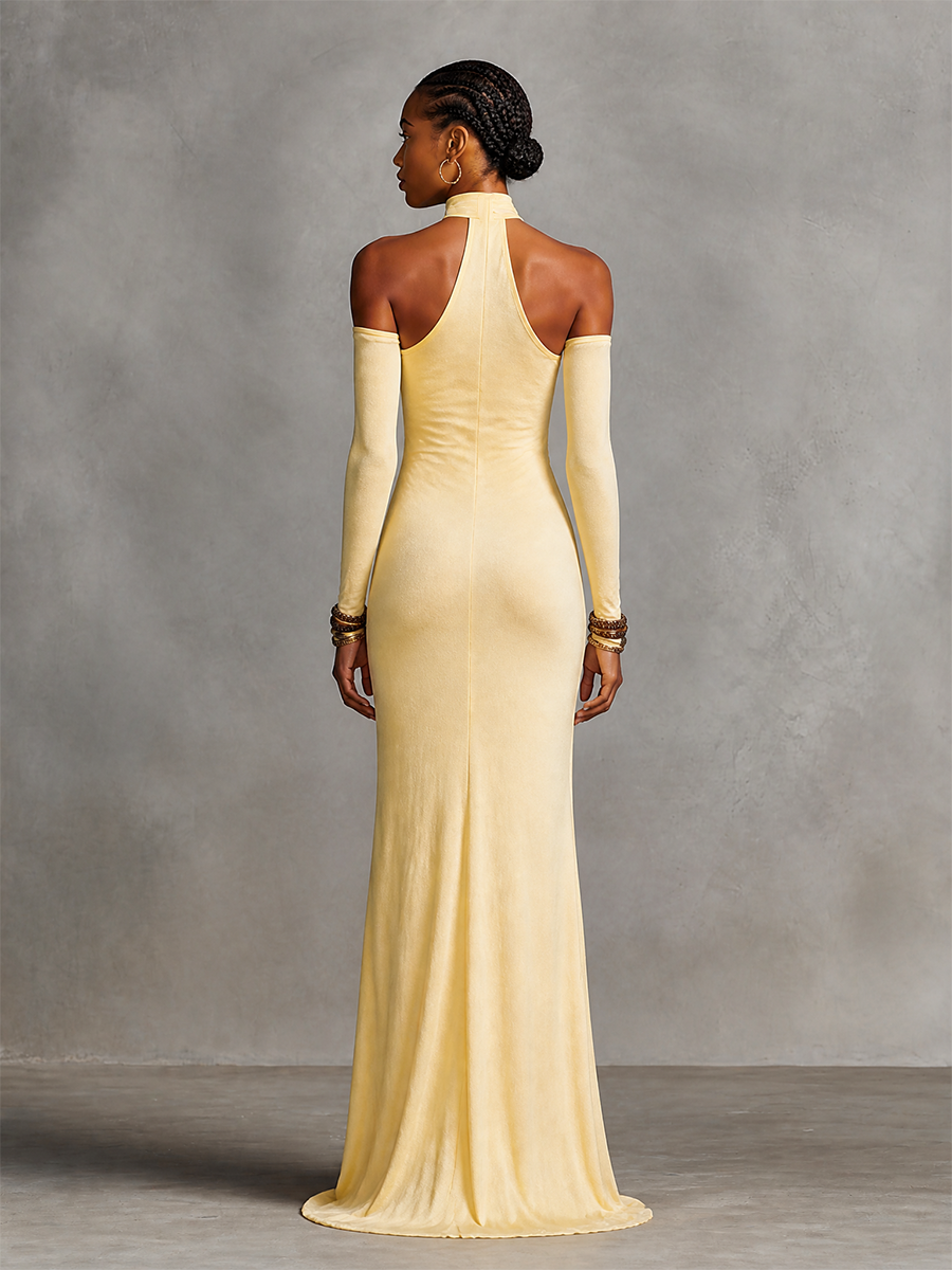 Women's Off-Shoulder Halter Neck Draped Maxi Evening Gown