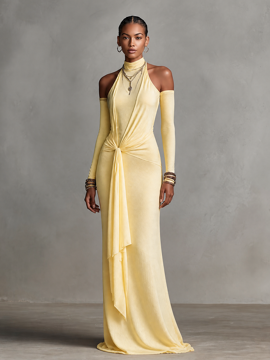Women's Off-Shoulder Halter Neck Draped Maxi Evening Gown