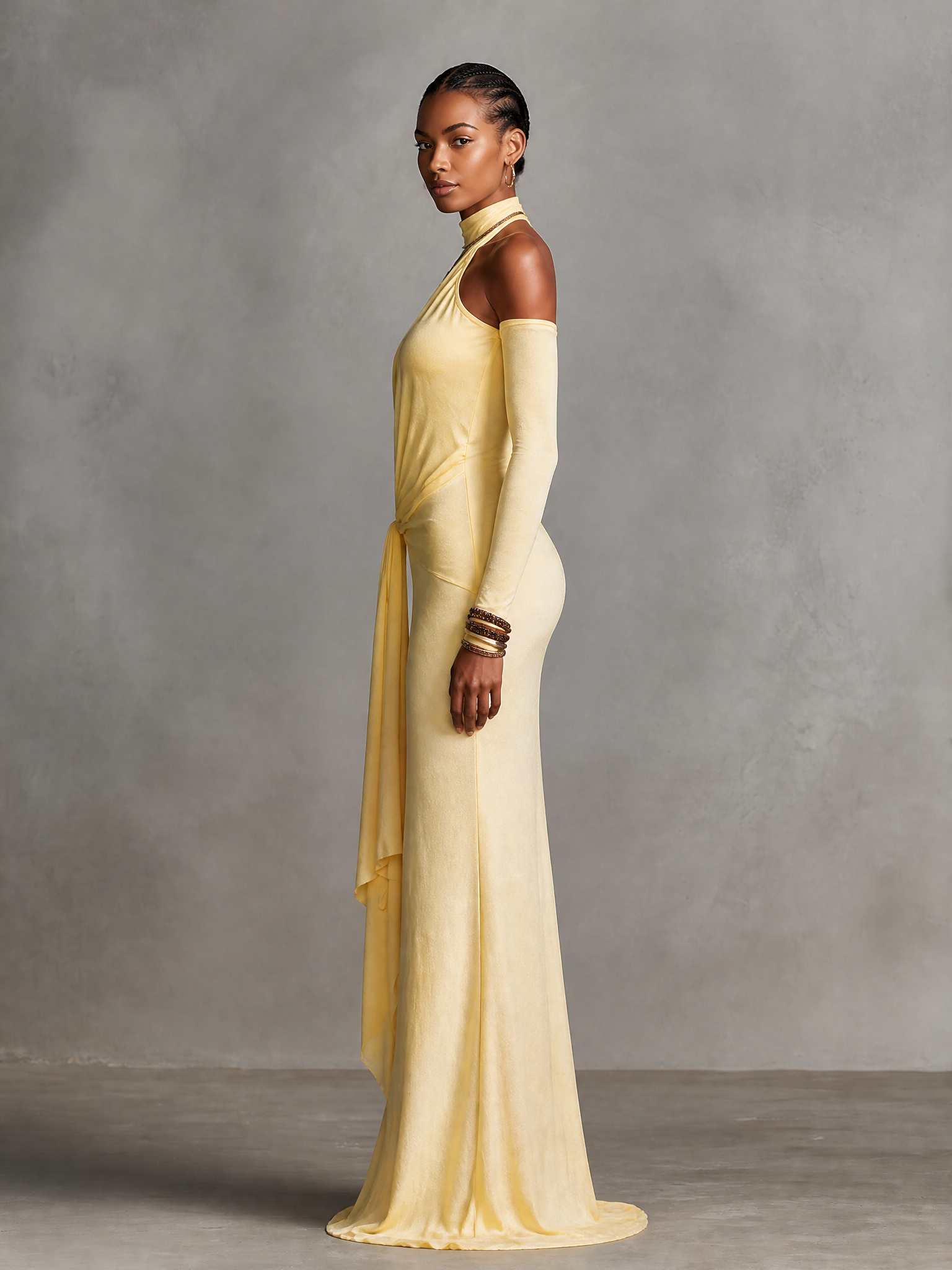Women's Off-Shoulder Halter Neck Draped Maxi Evening Gown
