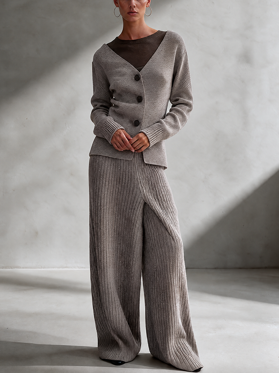 Women's V-neck Diagonal Button Knit Top & Vertical Rib Wide Leg Knit Pants Set