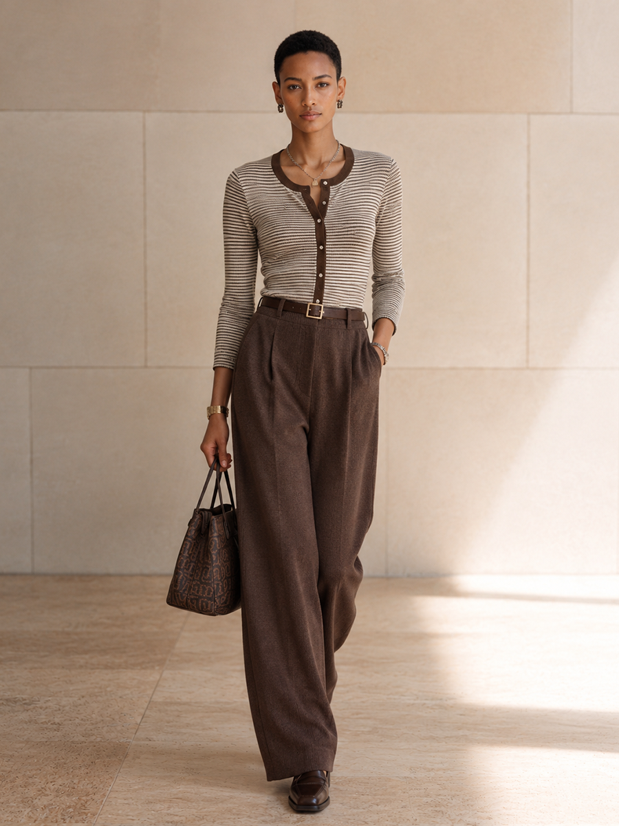 Women's Striped Trim Elegant Top And Wide-Leg Pants Set(Belt Not Included)