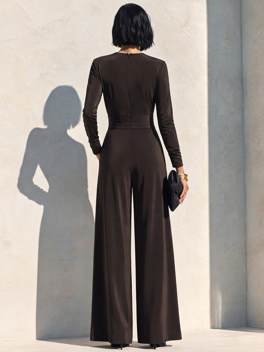 Women's Elegant V-Neck Long-Sleeve Jumpsuit With Drape