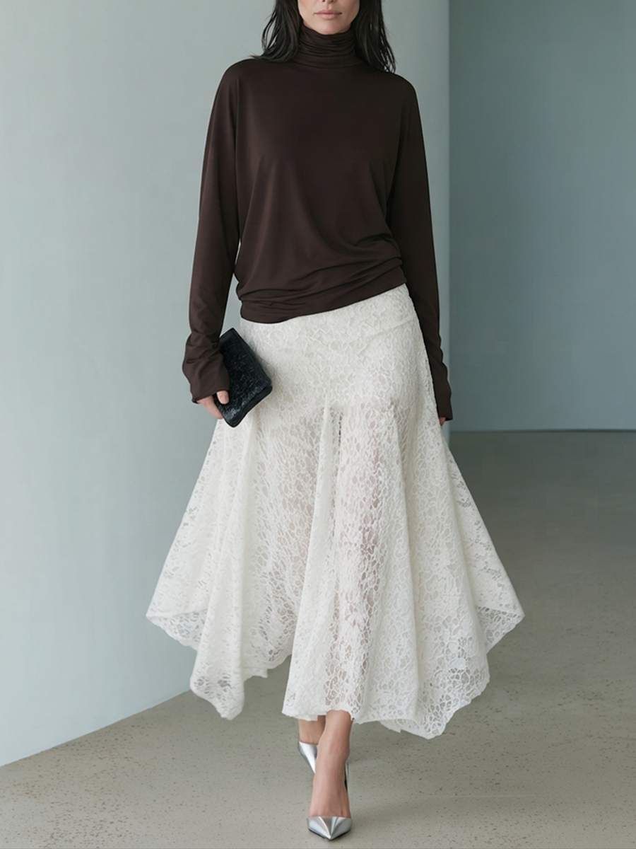 Women's High-Neck Stretch Top & Asymmetric Lace Skirt Set