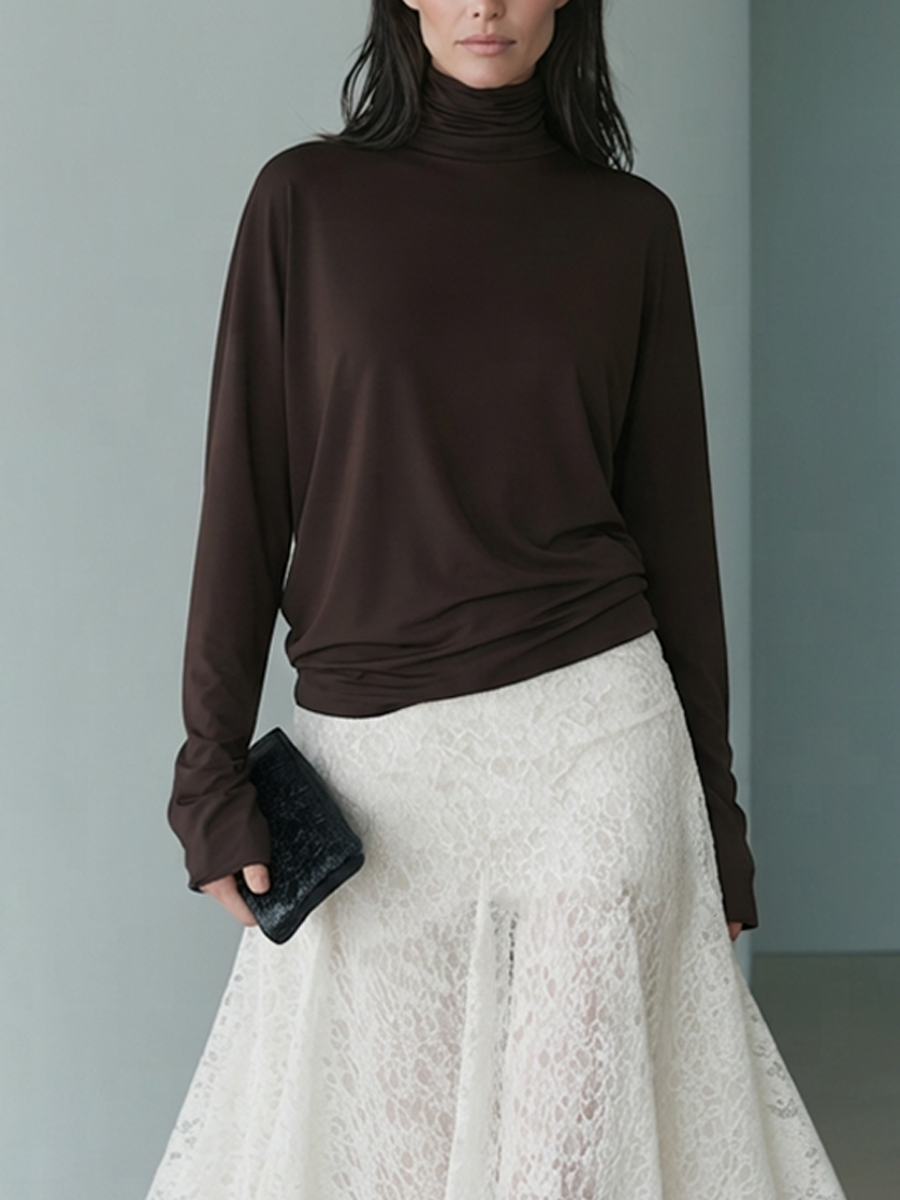 Women's High-Neck Stretch Top & Asymmetric Lace Skirt Set