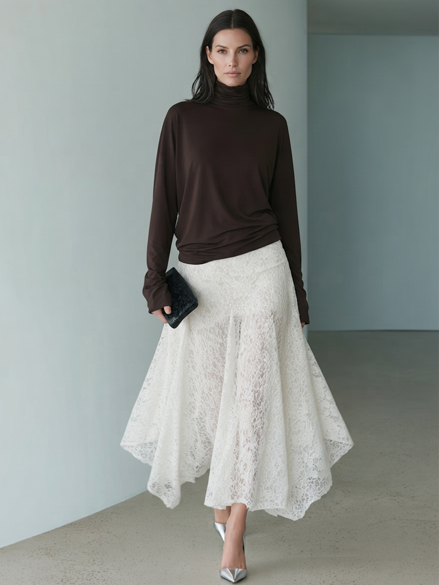 Women's High-Neck Stretch Top & Asymmetric Lace Skirt Set