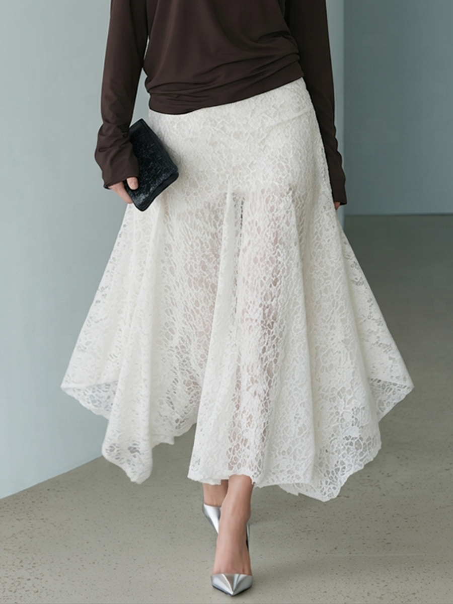 Women's High-Neck Stretch Top & Asymmetric Lace Skirt Set