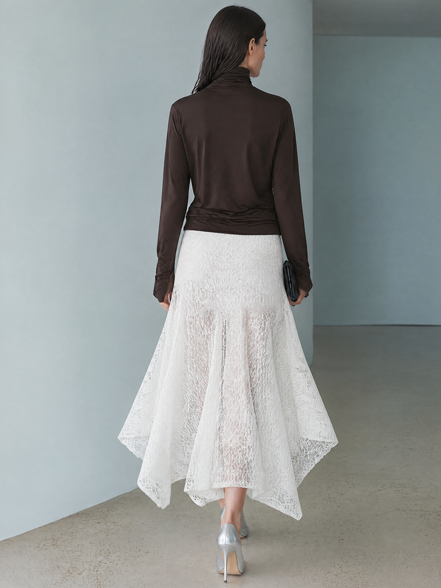 Women's High-Neck Stretch Top & Asymmetric Lace Skirt Set