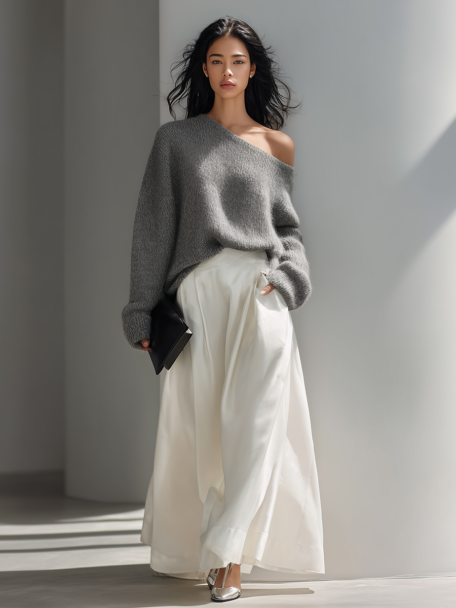 Women's Asymmetric Off-Shoulder Knit Top & Draped Maxi Skirt Set