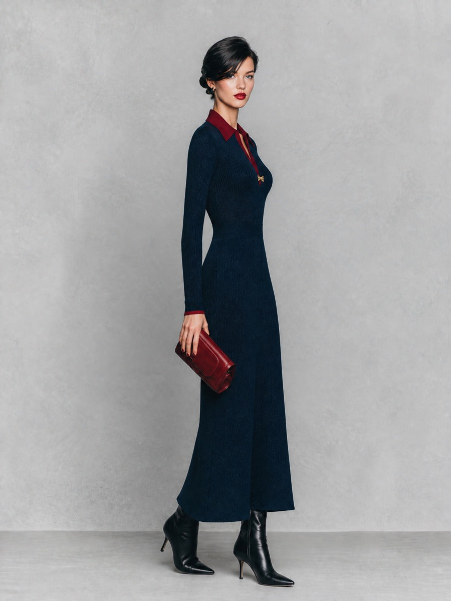 Women's Contrast Collar Ribbed Knit Navy Maxi Dress MDZ1062I5YZJ