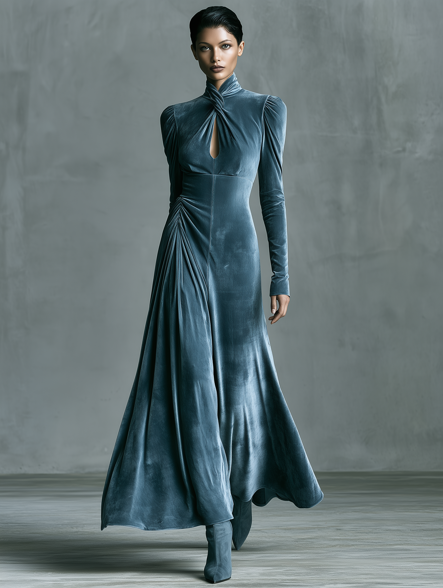 Women's Twist Keyhole Mock Neck Blue Velvet Dress MDZ1096I1YZJ