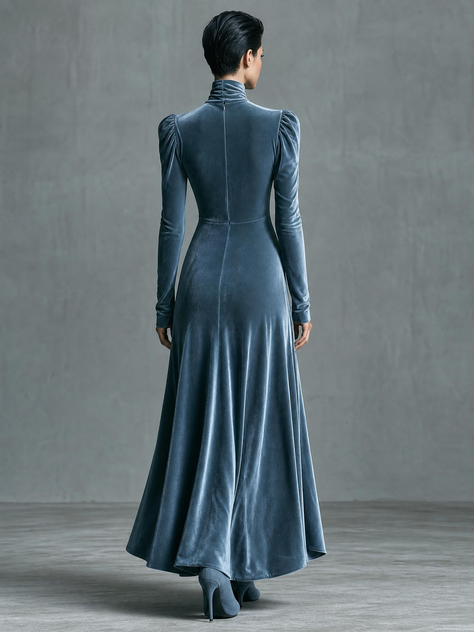 Women's Twist Keyhole Mock Neck Blue Velvet Dress MDZ1096I1YZJ